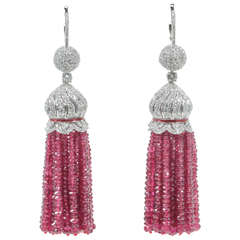 Two Hundred Carat Burma Ruby Beads Diamond Tassel Earrings