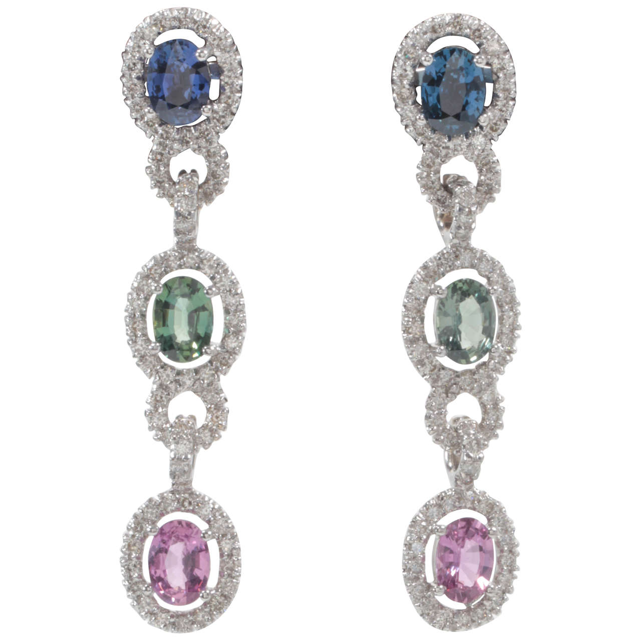 Unique Multi-Color Sapphire Diamond Drop Earrings For Sale