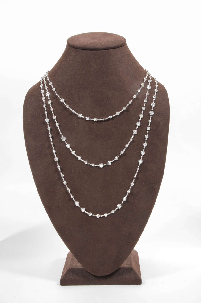 A stunning piece that can be worn at multiple lengths. 

44.10 carats of round brilliant cut diamonds set in 18k white gold.

Unlike other diamond chains this diamond chain features LARGER diamond sizes ranging up to .50 carats!

A beautiful