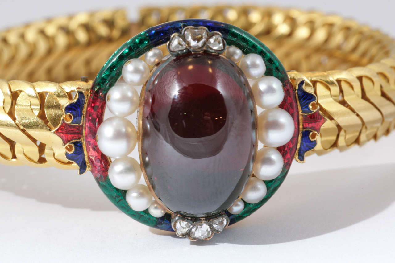 Women's Rare Mid Victorian Garnet and Pearl Bracelet For Sale