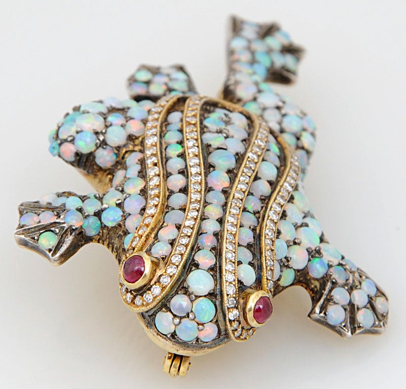 Women's or Men's Delightful Opal & Diamond Gold Frog Brooch with Ruby Eyes
