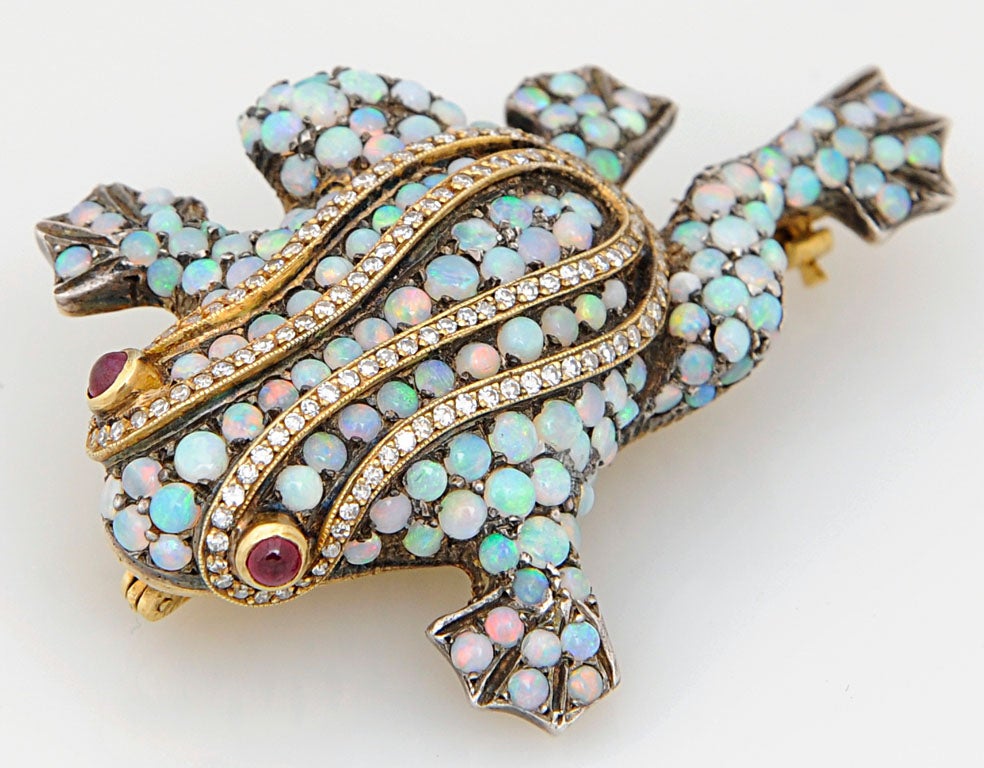 Delightful Opal & Diamond Gold Frog Brooch with Ruby Eyes 1