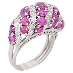 Elegant 50's Platinum Bombe Ring with Rubies & Diamond Rows