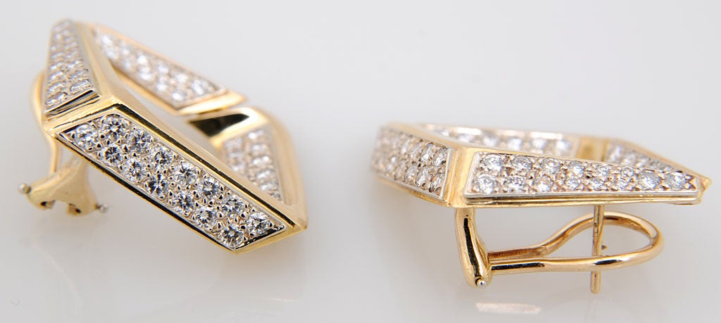 Round Cut Geometric Diamond Shaped Earrings with Pave Diamonds Yellow Gold