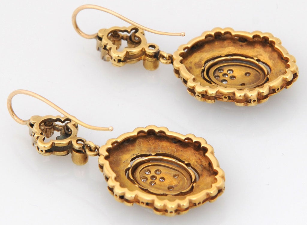 Women's 1950s Victorian Revival Enamel Diamond Gold Dangle Earrings