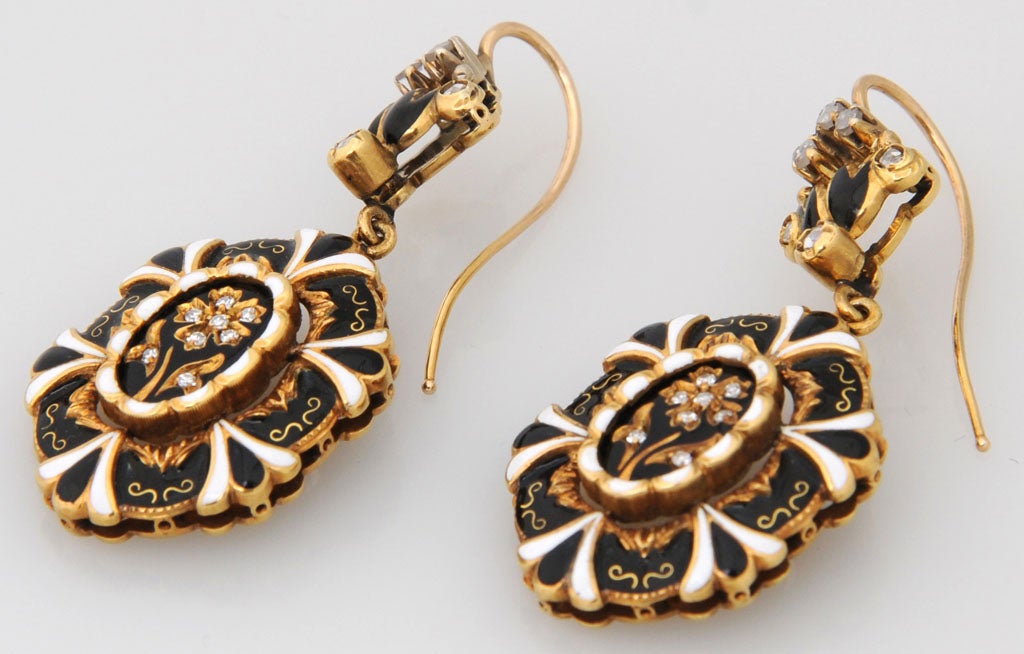 1950s Victorian Revival Enamel Diamond Gold Dangle Earrings 1