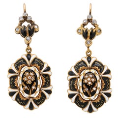 1950s Victorian Revival Enamel Diamond Gold Dangle Earrings