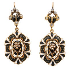 1950s Victorian Revival Enamel Diamond Gold Dangle Earrings 10