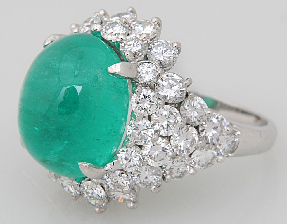 Impressive Emerald Cabochon Diamond Platinum Cocktail Ring In Good Condition For Sale In Miami Beach, FL