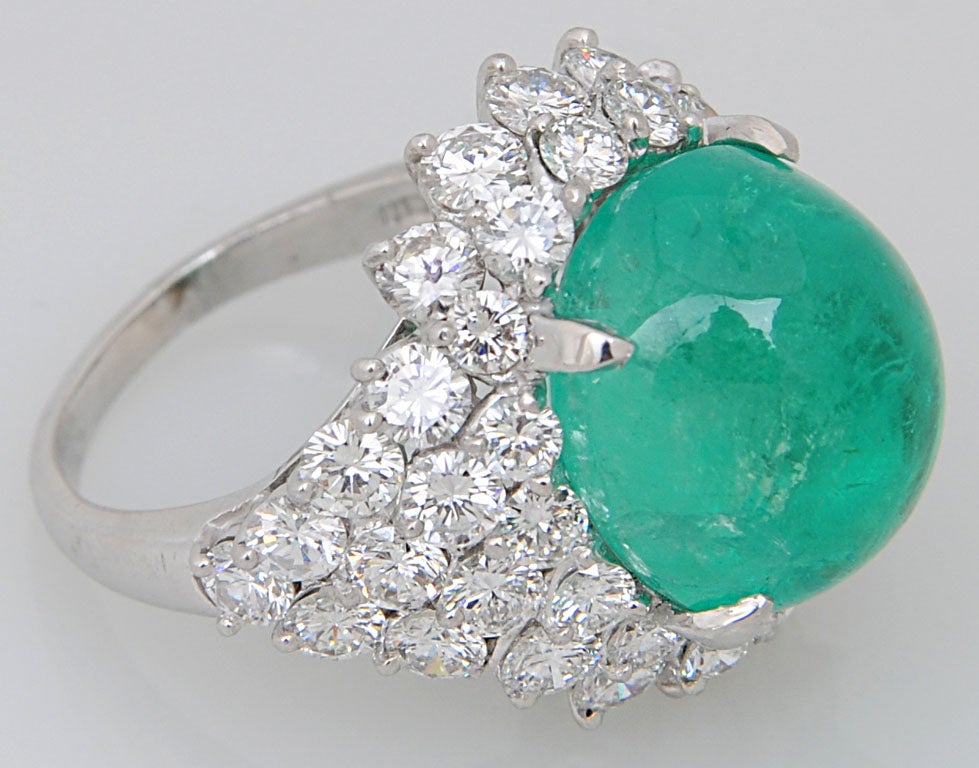 Impressive Emerald Cabochon Diamond Platinum Cocktail Ring For Sale 1