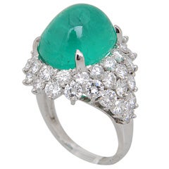 Impressive Emerald Cabochon Diamond Platinum Cocktail Ring