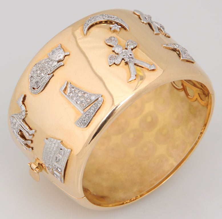 Women's Retro Art Deco Diamond Platinum Charms Gold Bangle