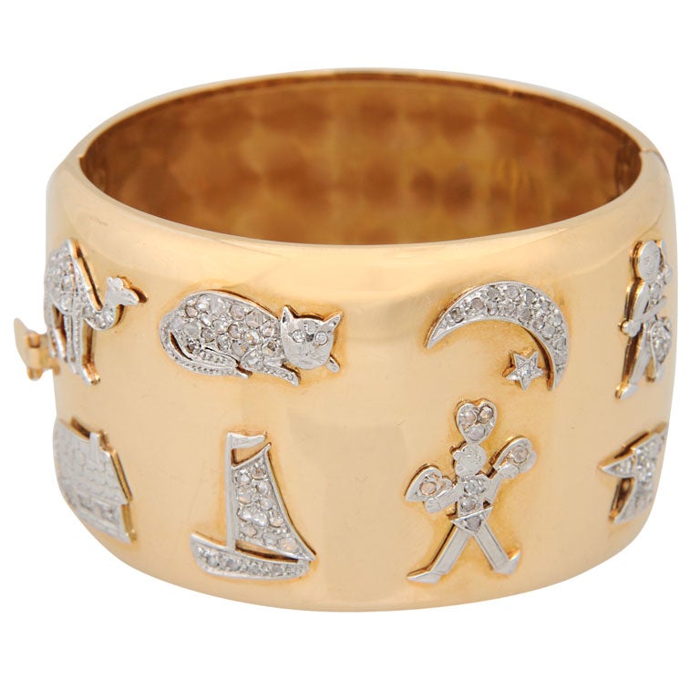 Bracelet Art déco rétro en or à breloques en platine et diamants