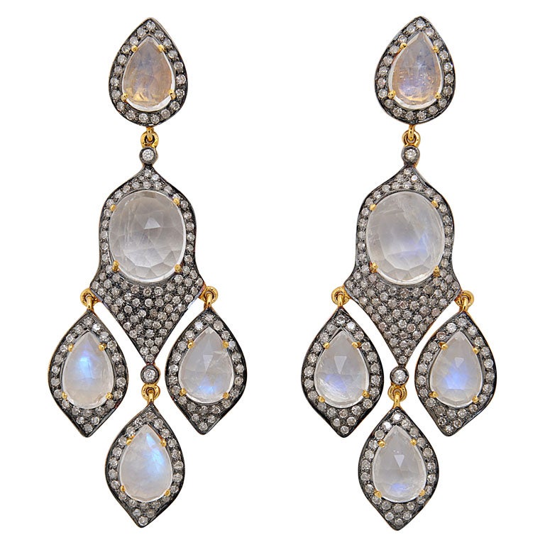Glamorous Moonstone and Diamond Chandelier Earrings For Sale at 1stDibs