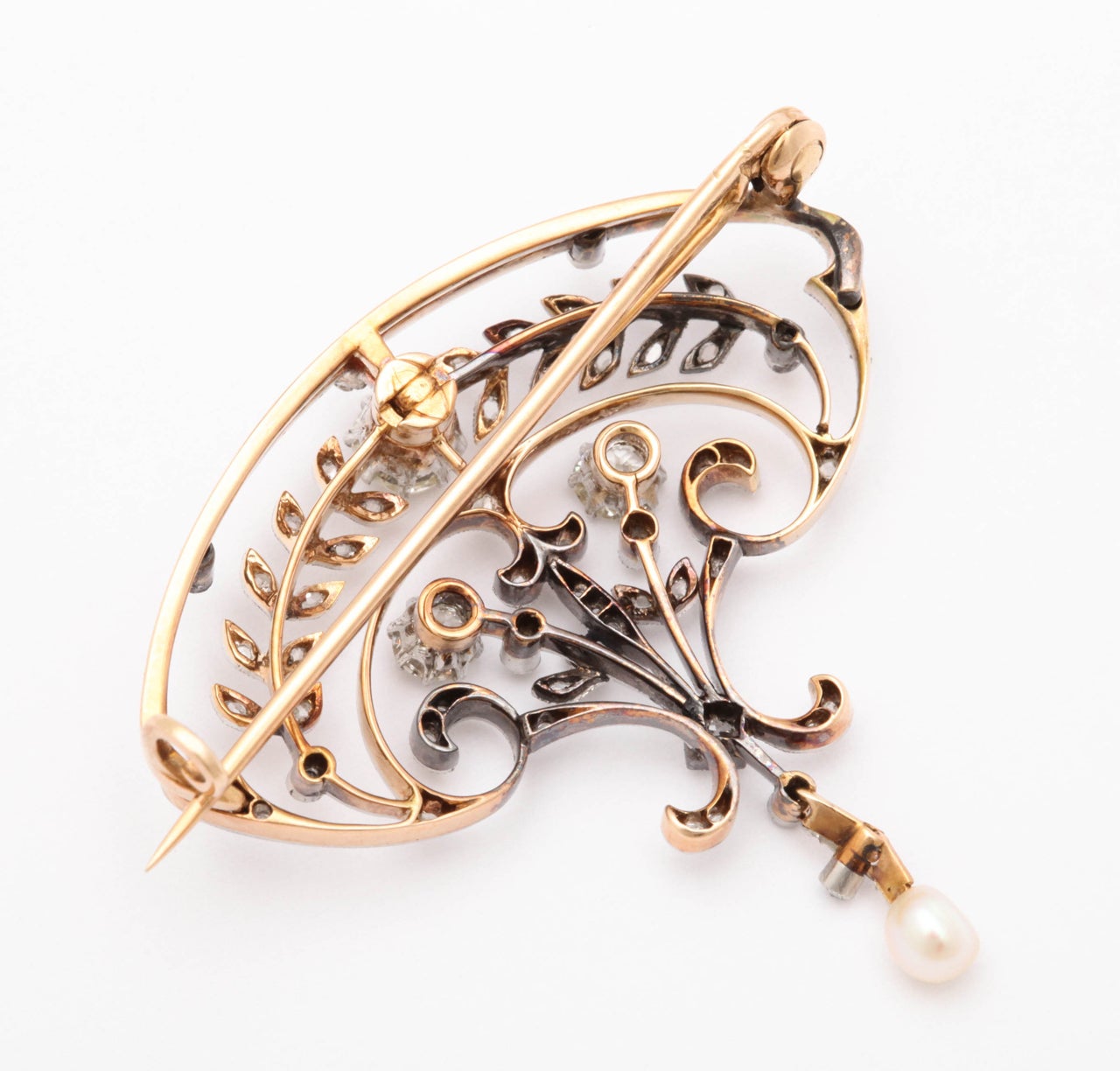 Victorian Pearl Diamond Gold Brooch For Sale