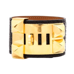 Hermes Collier de Chien Bangle Bracelet Matte Black Alligator/Gold