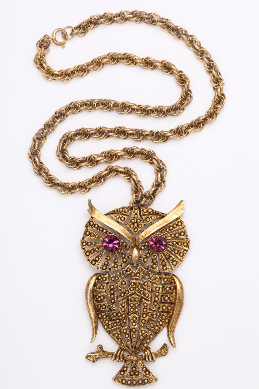 Large owl pendant with purple rhinestone eyes with substantial chain. Owl is 3.5