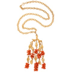 Retro Coral and Shell Pendant Necklace