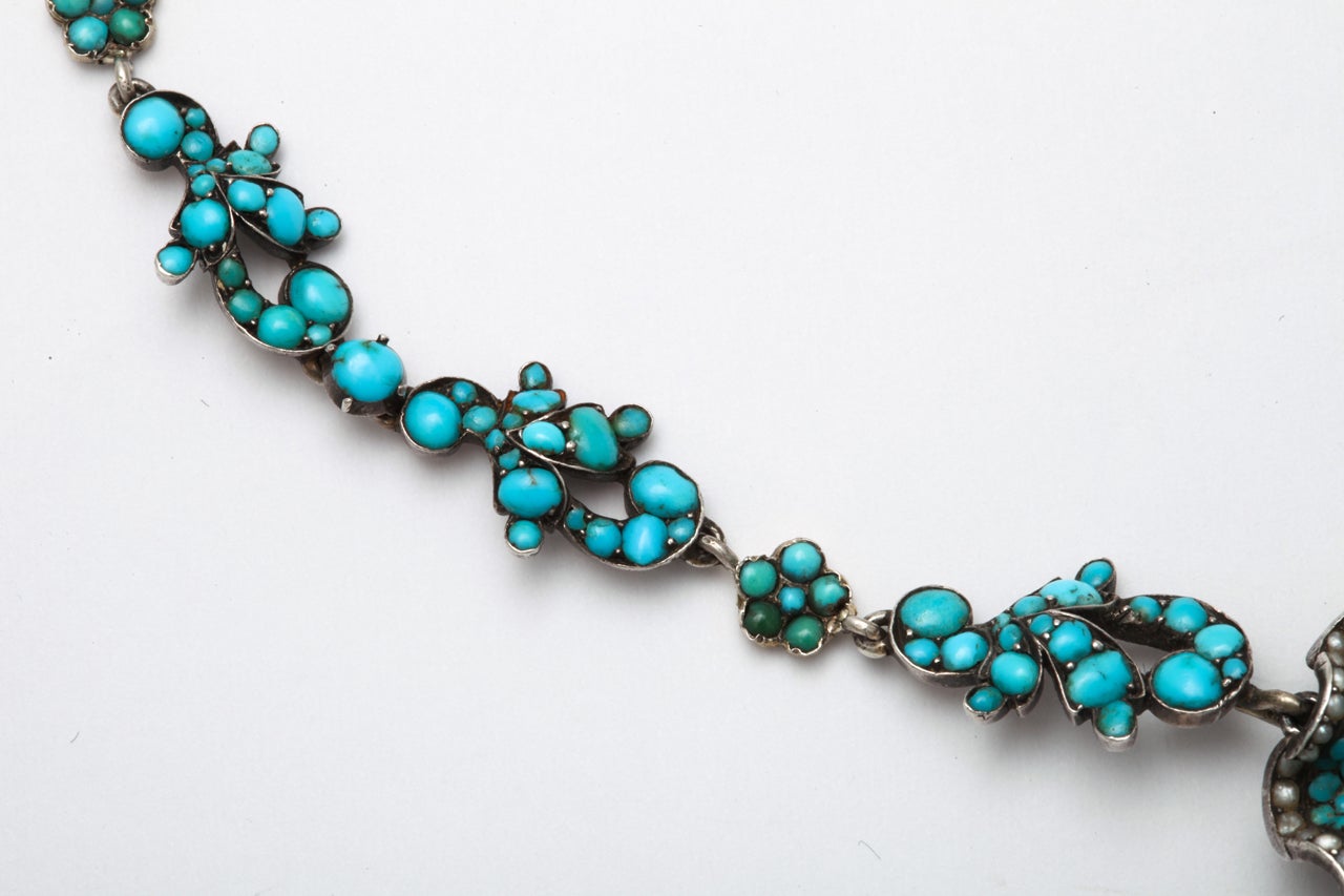 Birth of the Blue: A Magnificent Turquoise and Natural Pearl Necklace In Excellent Condition In Stamford, CT