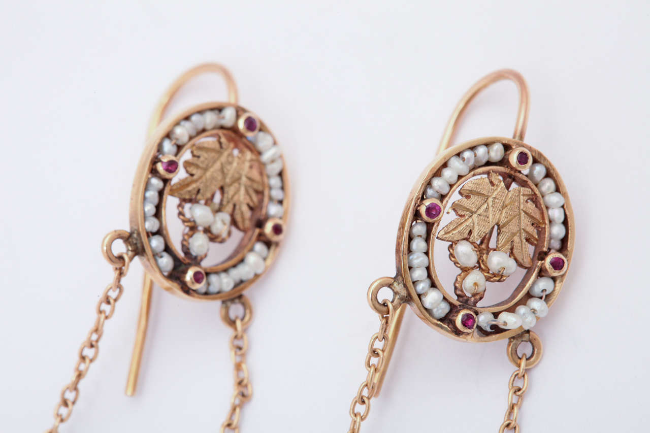 Round Cut Antique Victorian Natural Pearl Gold Chandelier Earrings For Sale