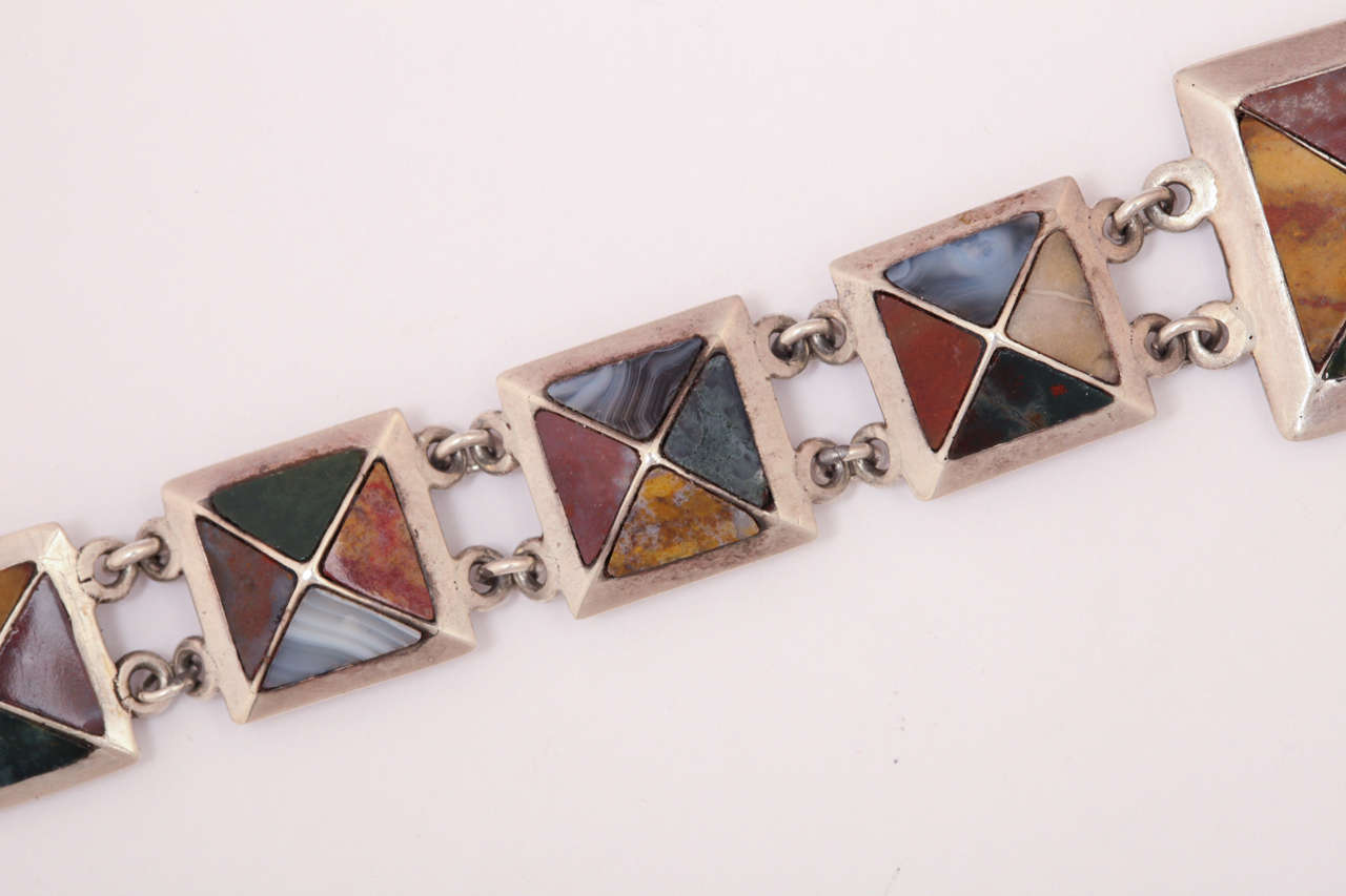 Mixed Cut Pyramids of Agate in a Silver Scottish Bracelet For Sale