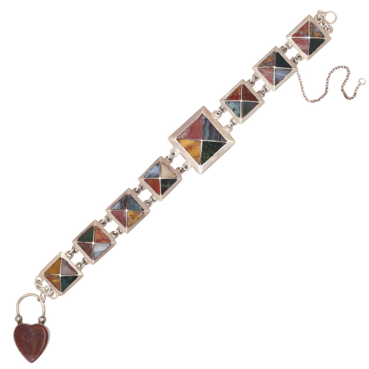 Scottish talent at agate carving was tradition for hundreds of years but blossomed in the Victorian age with the attachment Queen Victorian and Prince Albert felt to Scottish history. This bracelet, made between 1860 and 1880 consists of triangles