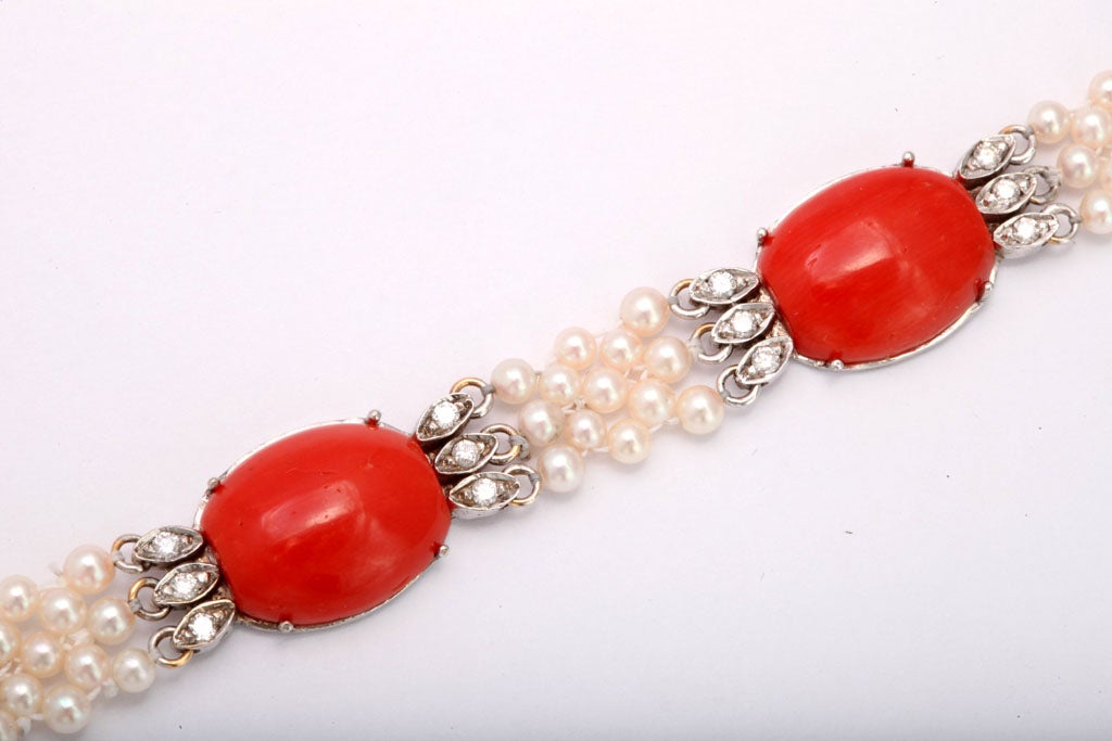 Cabochon  Coral Diamond & Pearl Bracelet