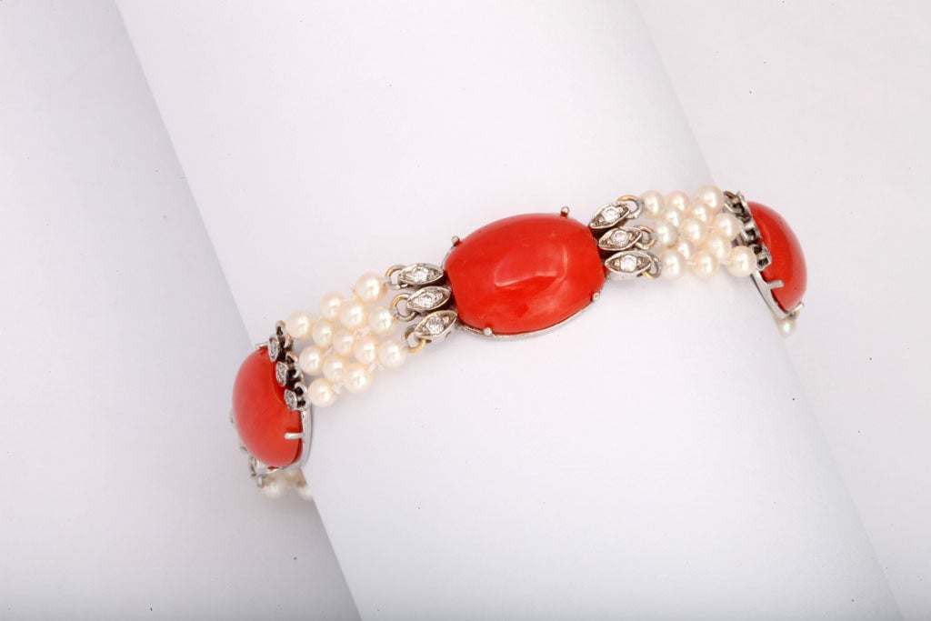 Women's  Coral Diamond & Pearl Bracelet