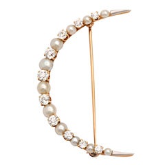 Natural Pearl Diamond Gold Crescent Pin