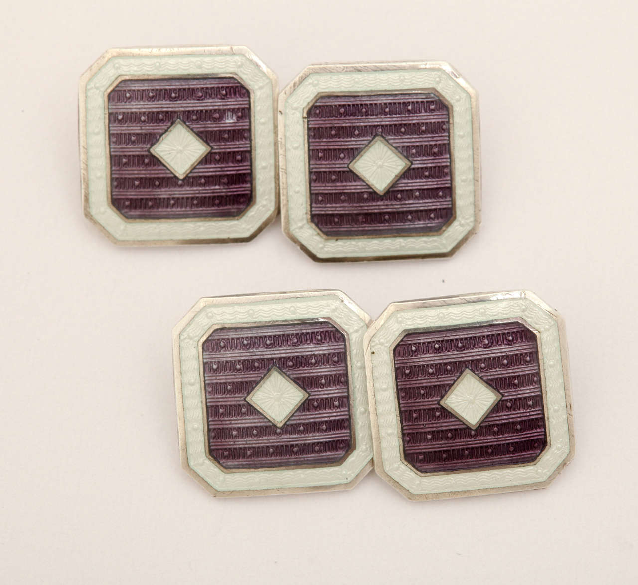 1920s-1930s Art Deco Guilloche Enamel Sterling Silver Cufflinks