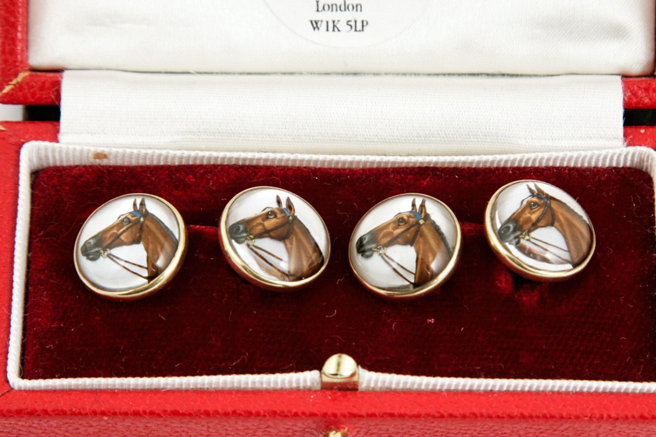 20th Century Enamel Gold Crystal Reverse Painted Race Horse Cufflinks In Excellent Condition In London, GB