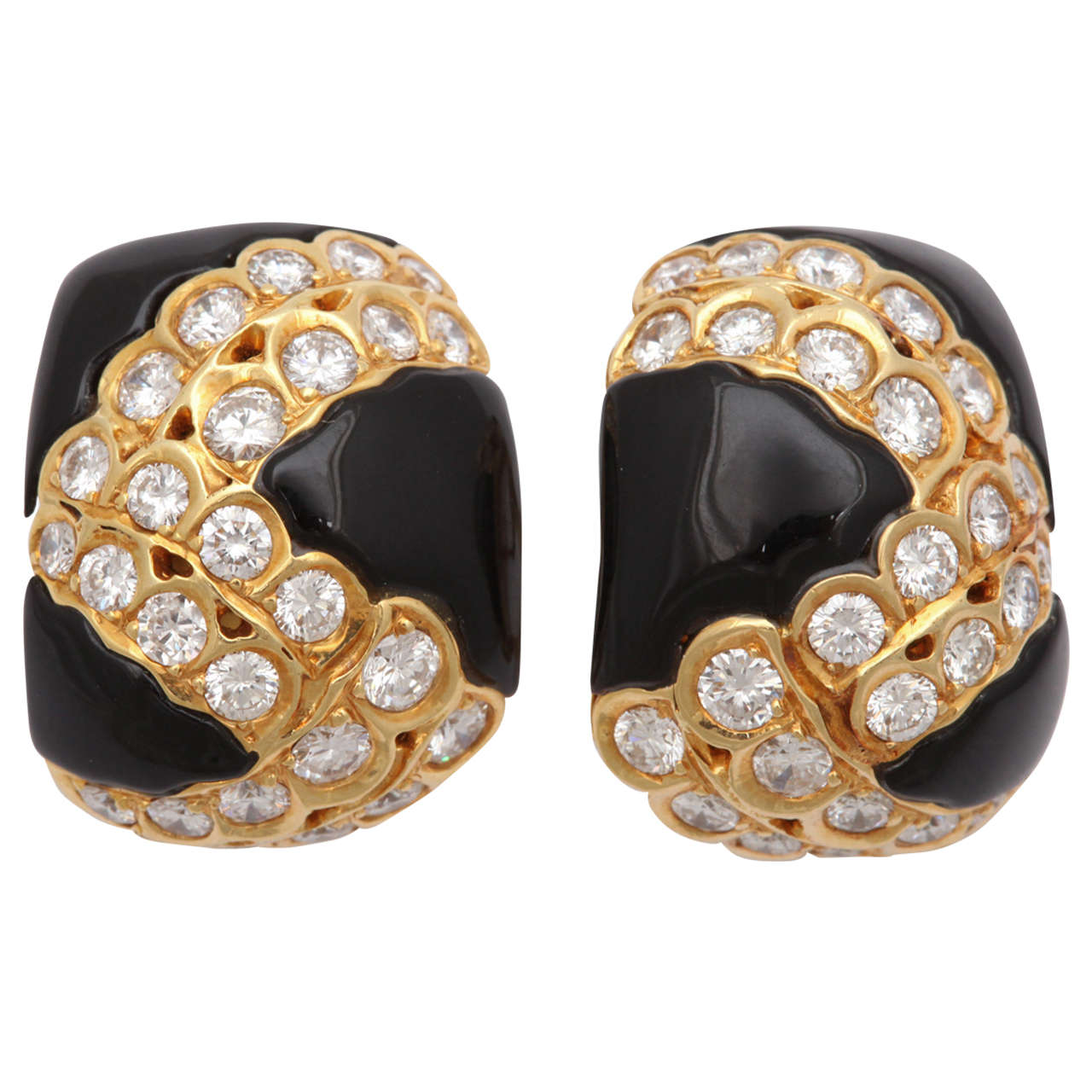 Black Enamel and Diamond Clip on Earrings at 1stDibs