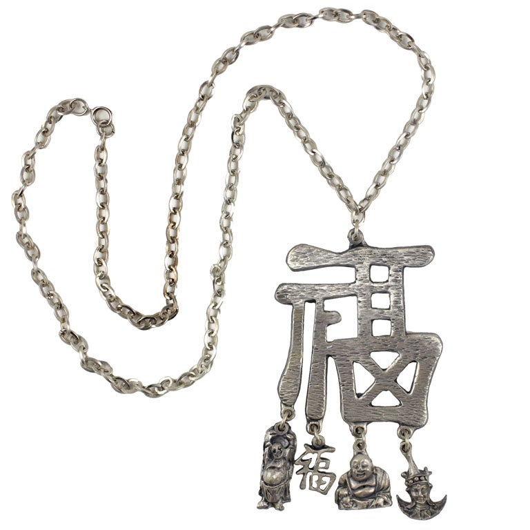 Pewtertone Chinese Character Pendant Necklace, Costume Jewelry For Sale