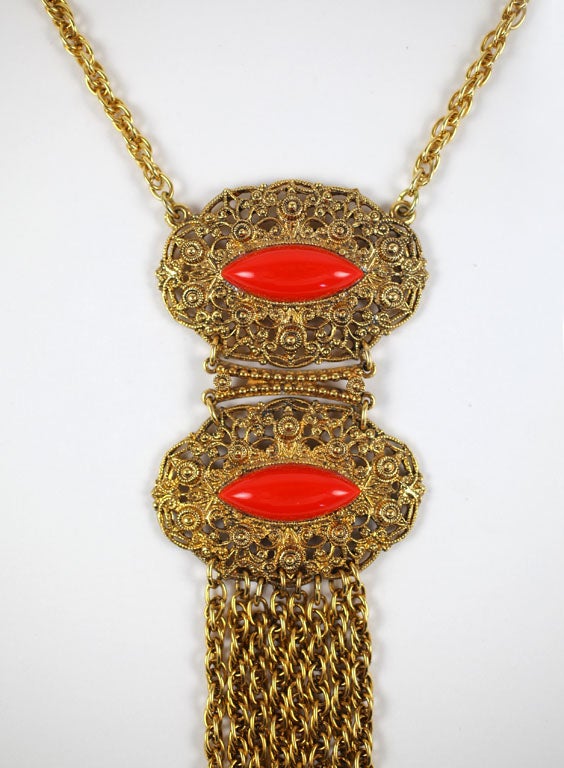 Goldtone Filigree and Faux Coral Pendant Necklace, Costume Jewelry In Excellent Condition For Sale In Stamford, CT