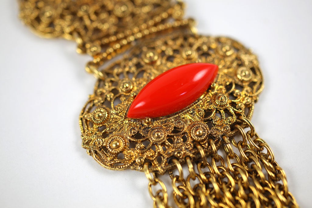 Goldtone Filigree and Faux Coral Pendant Necklace, Costume Jewelry For Sale 1