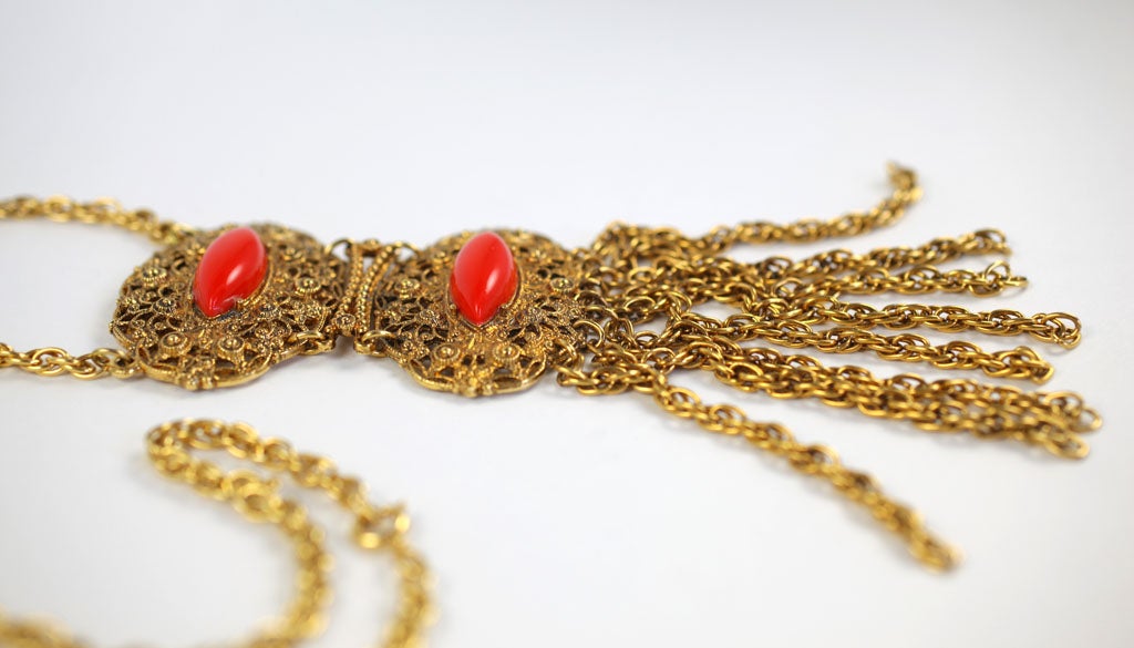 Goldtone Filigree and Faux Coral Pendant Necklace, Costume Jewelry For Sale 3