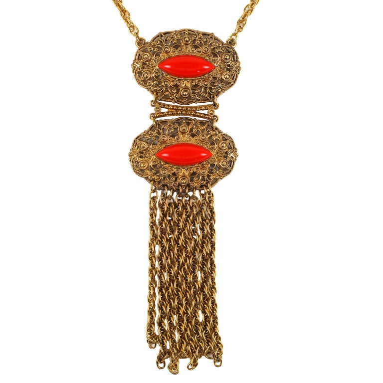 Goldtone Filigree and Faux Coral Pendant Necklace, Costume Jewelry For Sale