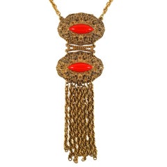 Retro Goldtone Filigree and Faux Coral Pendant Necklace, Costume Jewelry