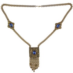 Retro Exotic Edlee Blue Cabochon & "Gold" Pendant Necklace, Costume Jewelry