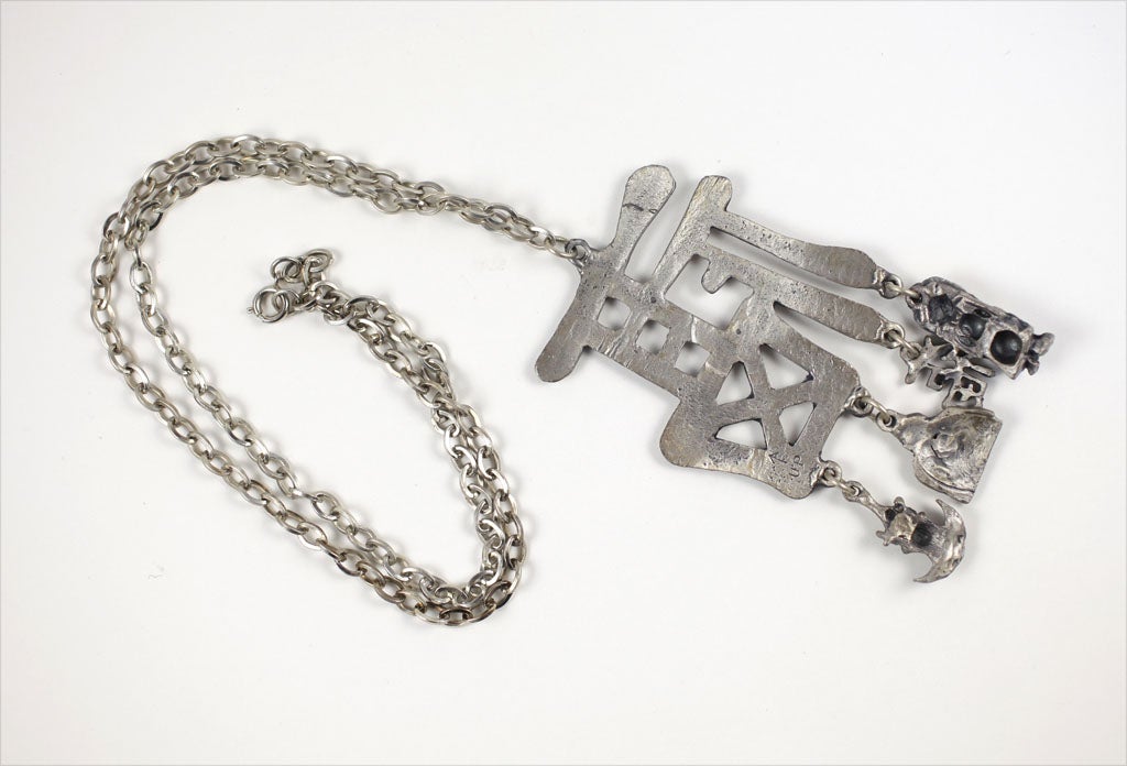 Pewtertone Chinese Character Pendant Necklace, Costume Jewelry For Sale