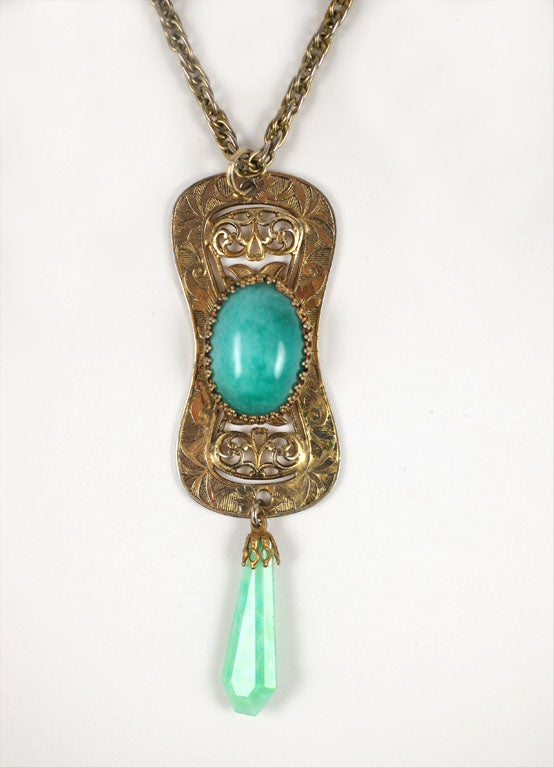 Goldtone Filigree and Faux Jade Pendant Necklace, Costume Jewelry For