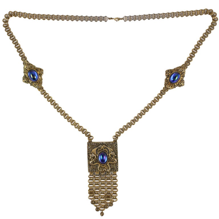 Exotic Edlee Blue Cabochon and "Gold" Pendant Necklace, Costume Jewelry