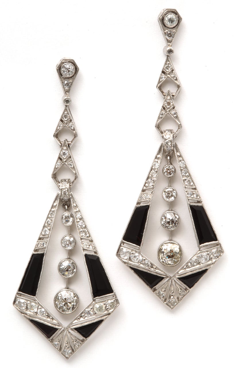 Amazing Art Deco Platinum And Diamond Drop Earrings Consisting of Custom Cut Onyxes and numerous old European cut diamonds very silky and flexible