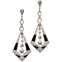 Art Deco Onyx And Diamond Drop Earrings