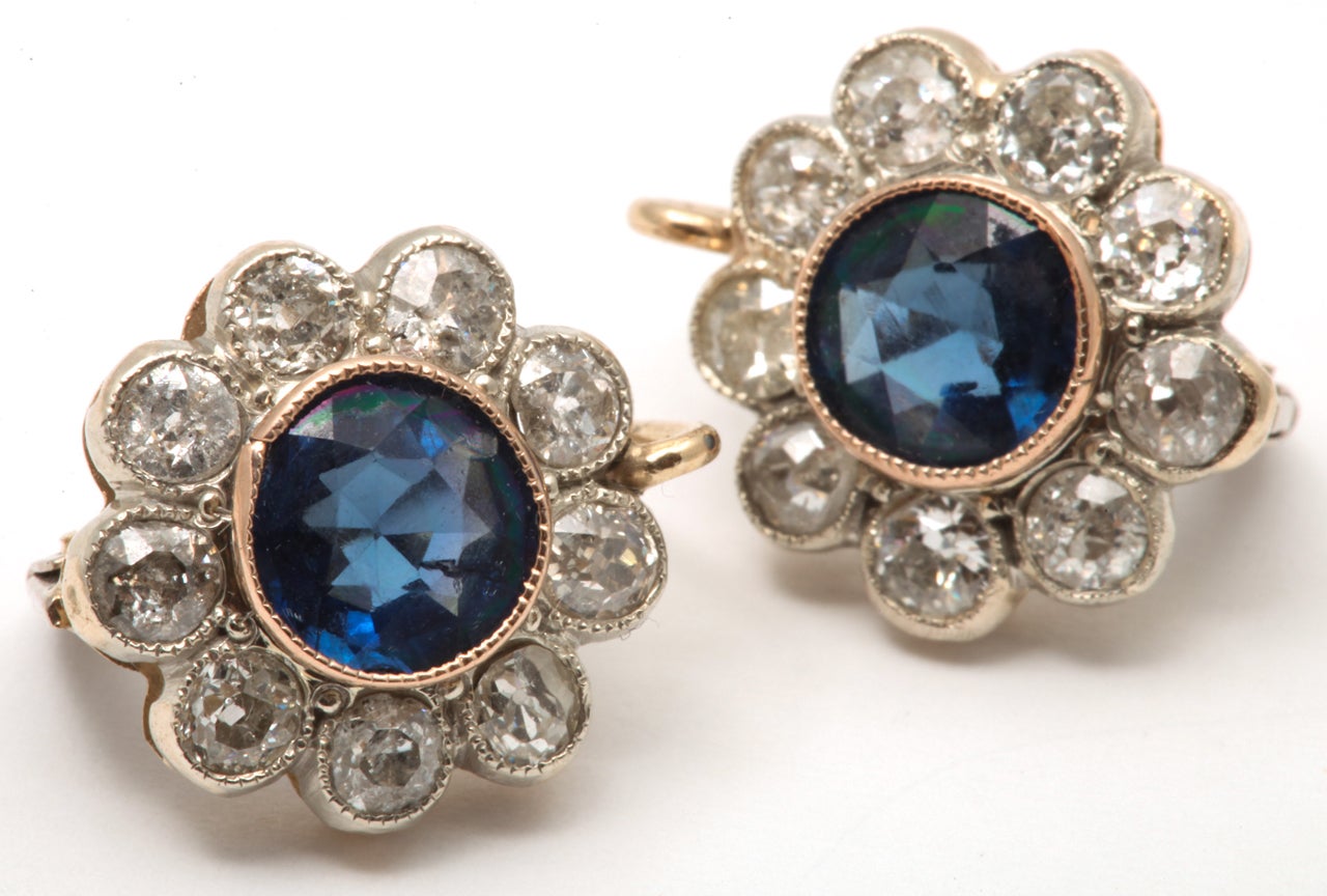 Edwardian Diamond And Sapphire Floral Cluster Earrings In Excellent Condition In New York, NY