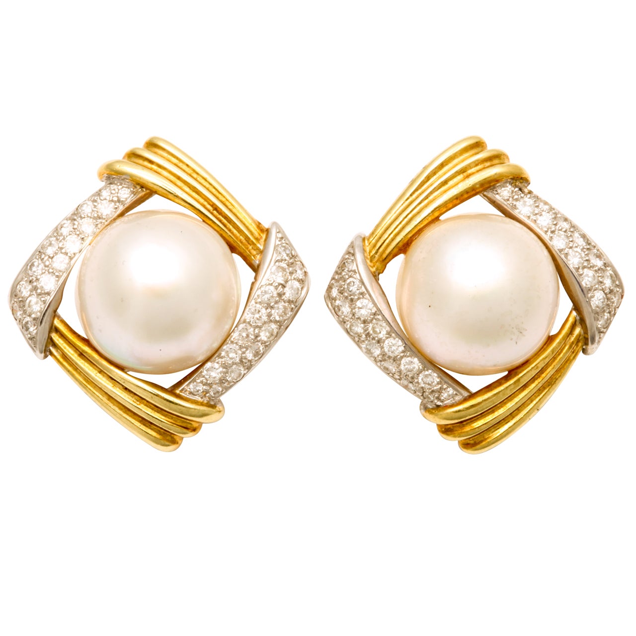 1980's GUCCI Mabe Pearl, Diamond And Gold Earrings