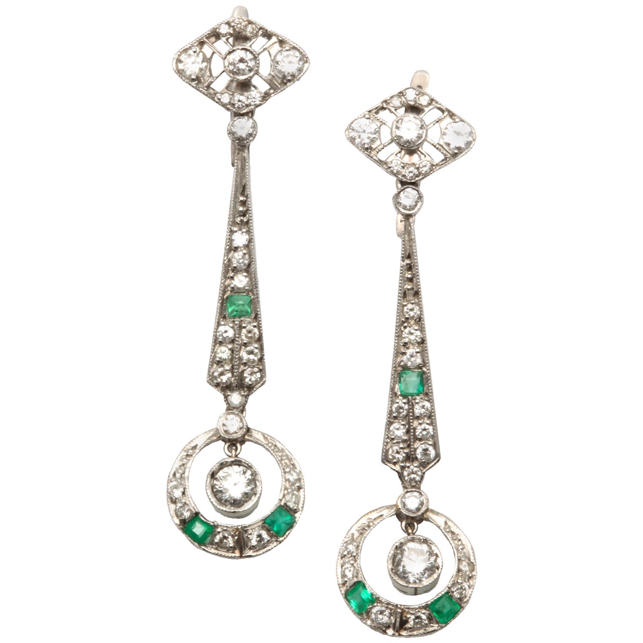Art Deco Emerald And Diamond Dangle Earrings at 1stdibs