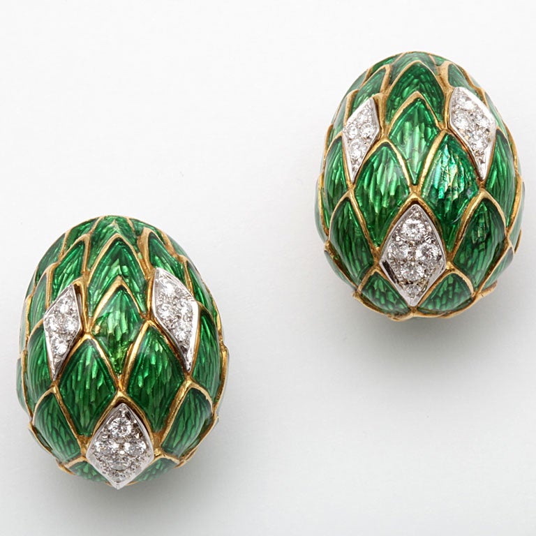 18kt yellow gold and diamond bombe earrings embellished by green enamel circa 1960,s