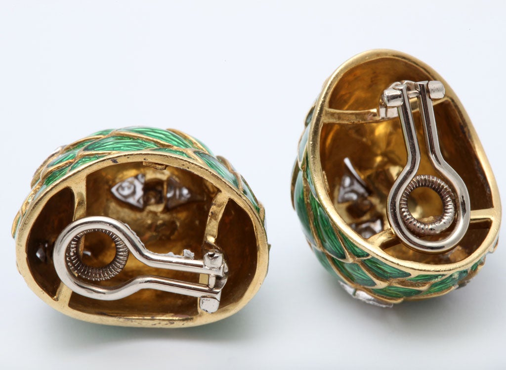 Women's Green Enamel And Diamond Gold Bombe Earrings