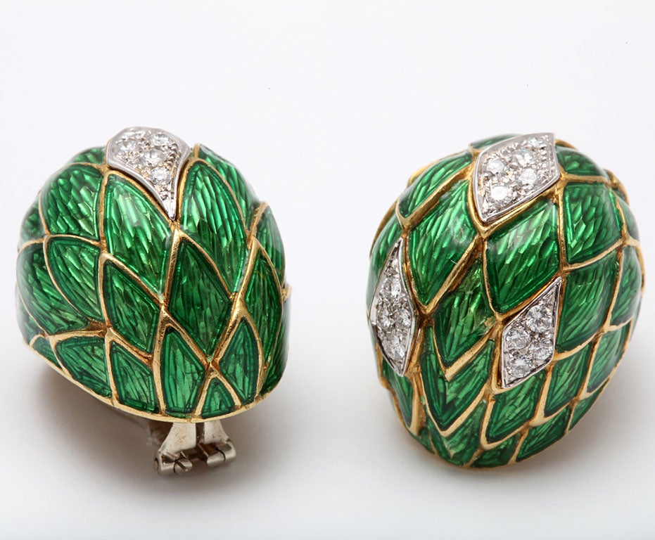 Green Enamel And Diamond Gold Bombe Earrings 1